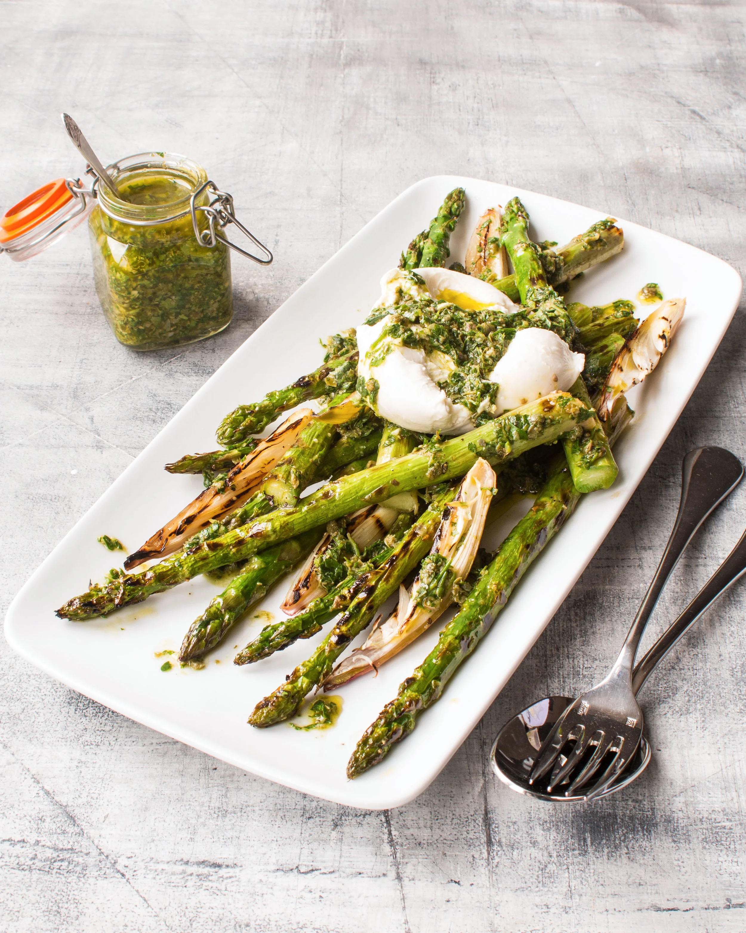 Griddled British asparagus and shallots with salsa verde and burrata.jpg