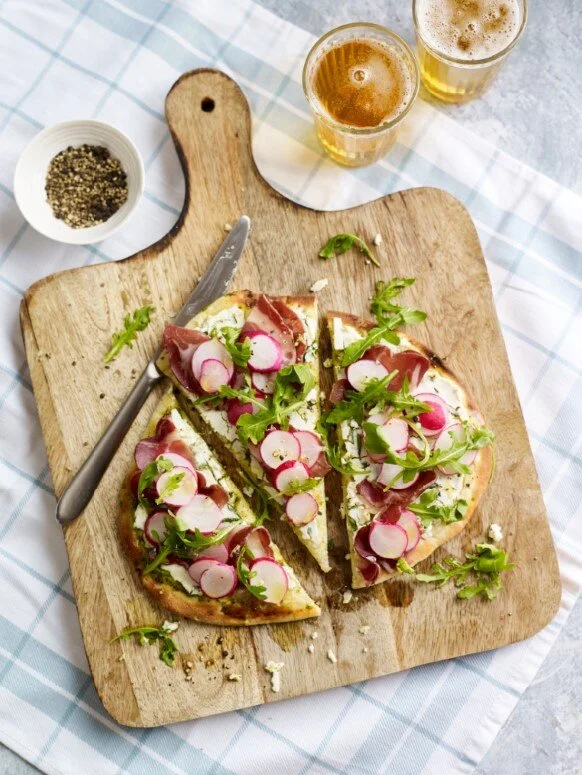 Radish, Ham and Ricotta Pizza Breads