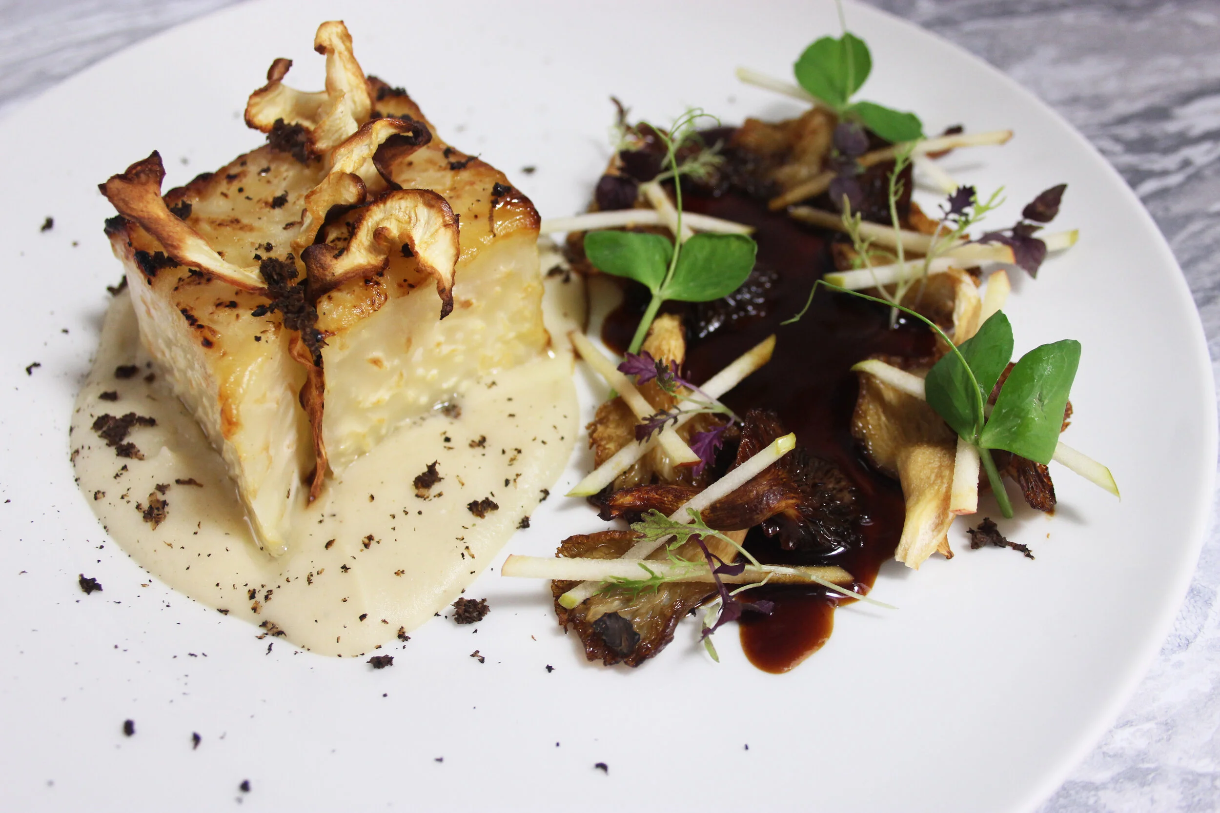 Celeriac fondant, wild mushrooms, Granny smith, winter truffle