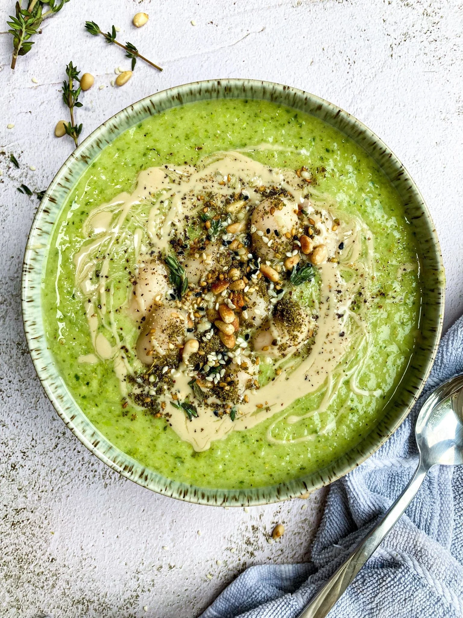 Broccoli, Leek &amp; Butter Bean Soup with Tahini &amp; Za'atar