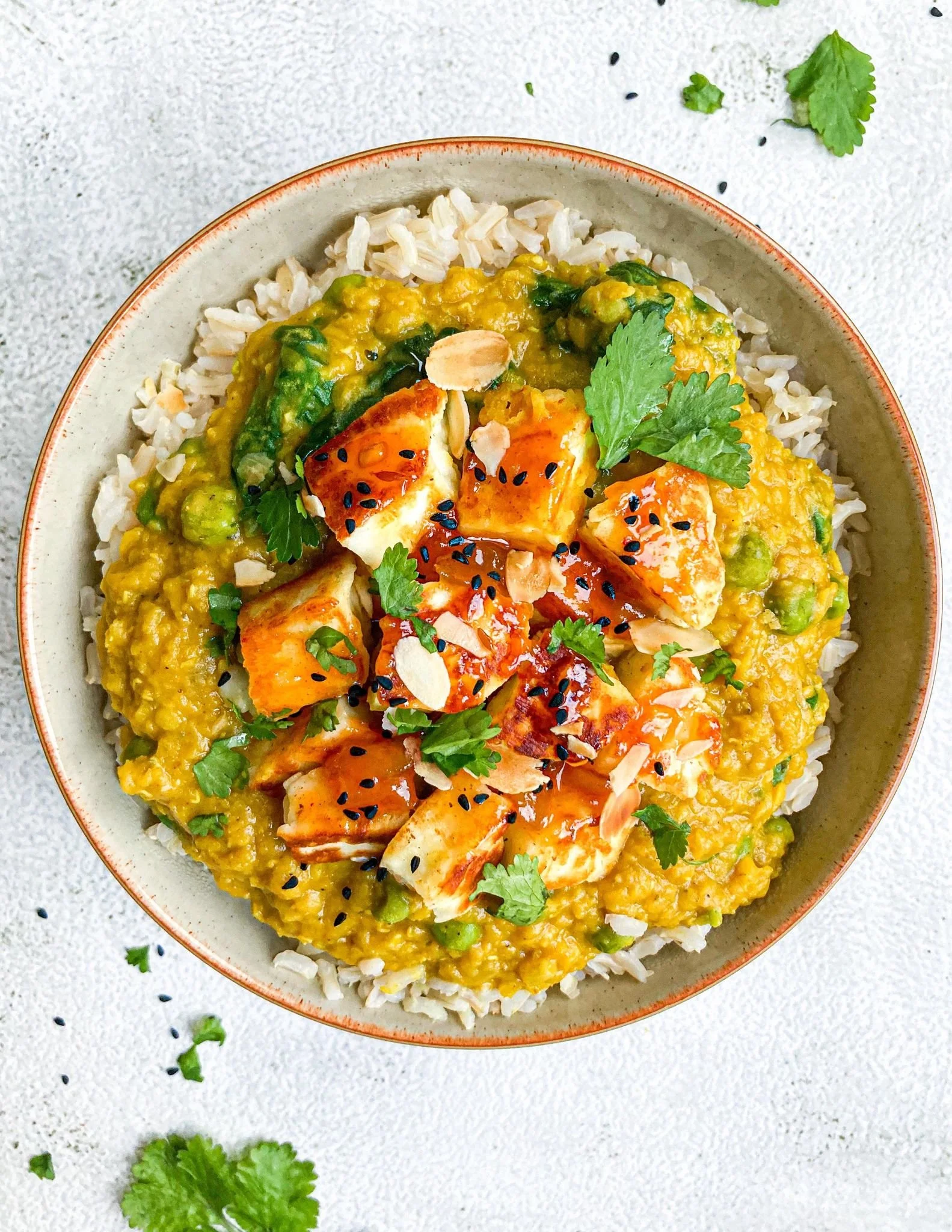 RED LENTIL DAHL WITH MANGO CHUTNEY GLAZED HALLOUMI