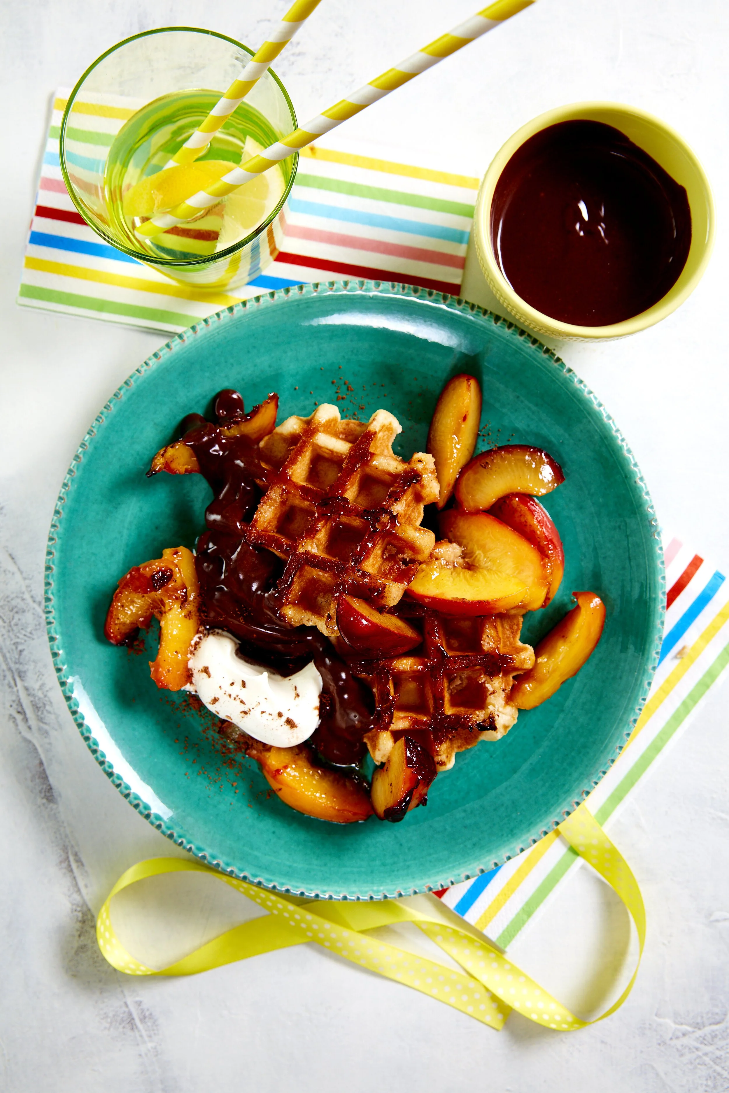 Peachy Plum Waffles with Chocolate Drizzle