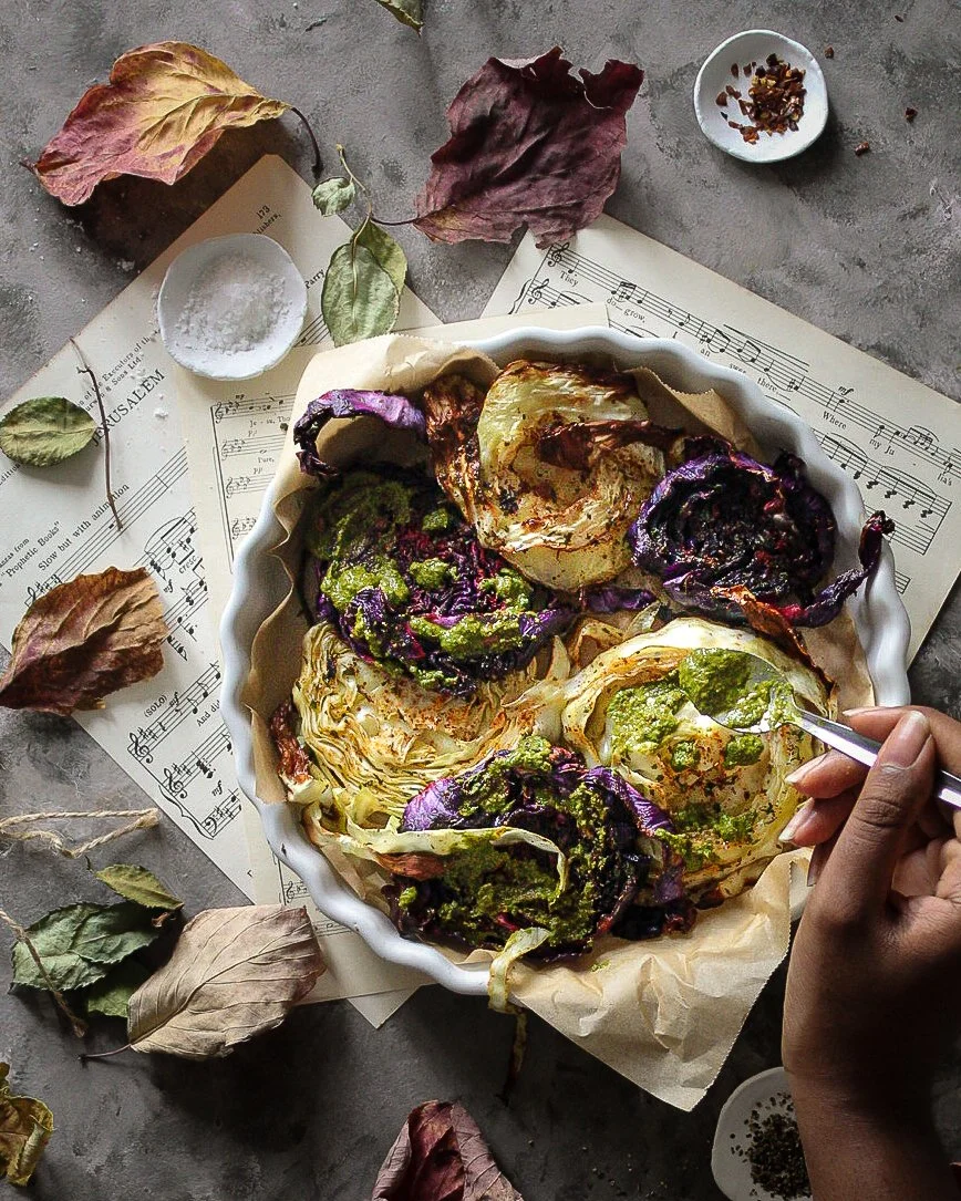 ROAST CABBAGE STEAKS WITH CHERMOULA DRESSING