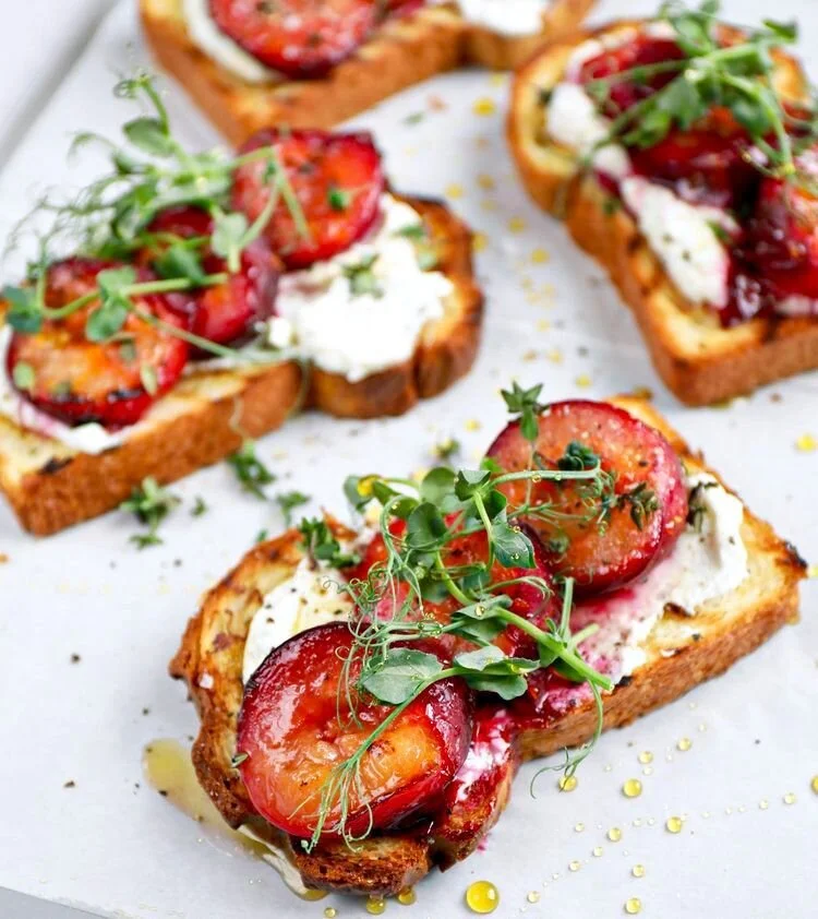 Toasted Brioche with Baked Plums and Goats Cheese