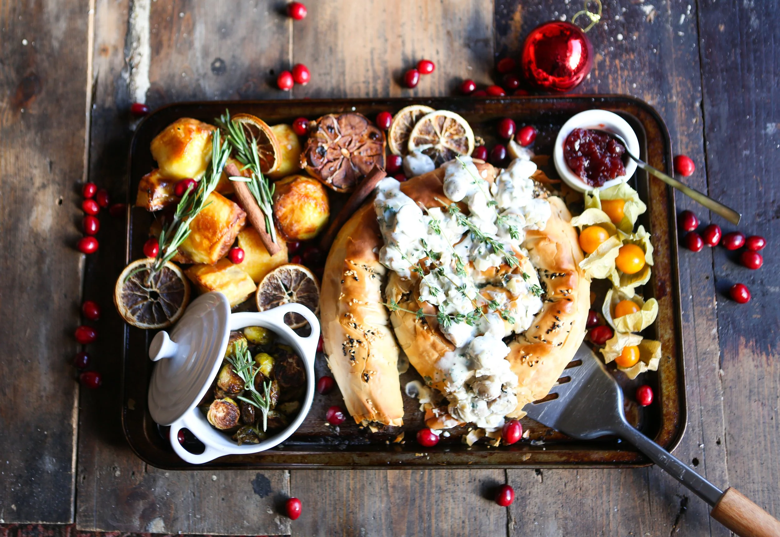 Leek &amp; Chestnut Filo Swirl With Creamy Mushroom Sauce