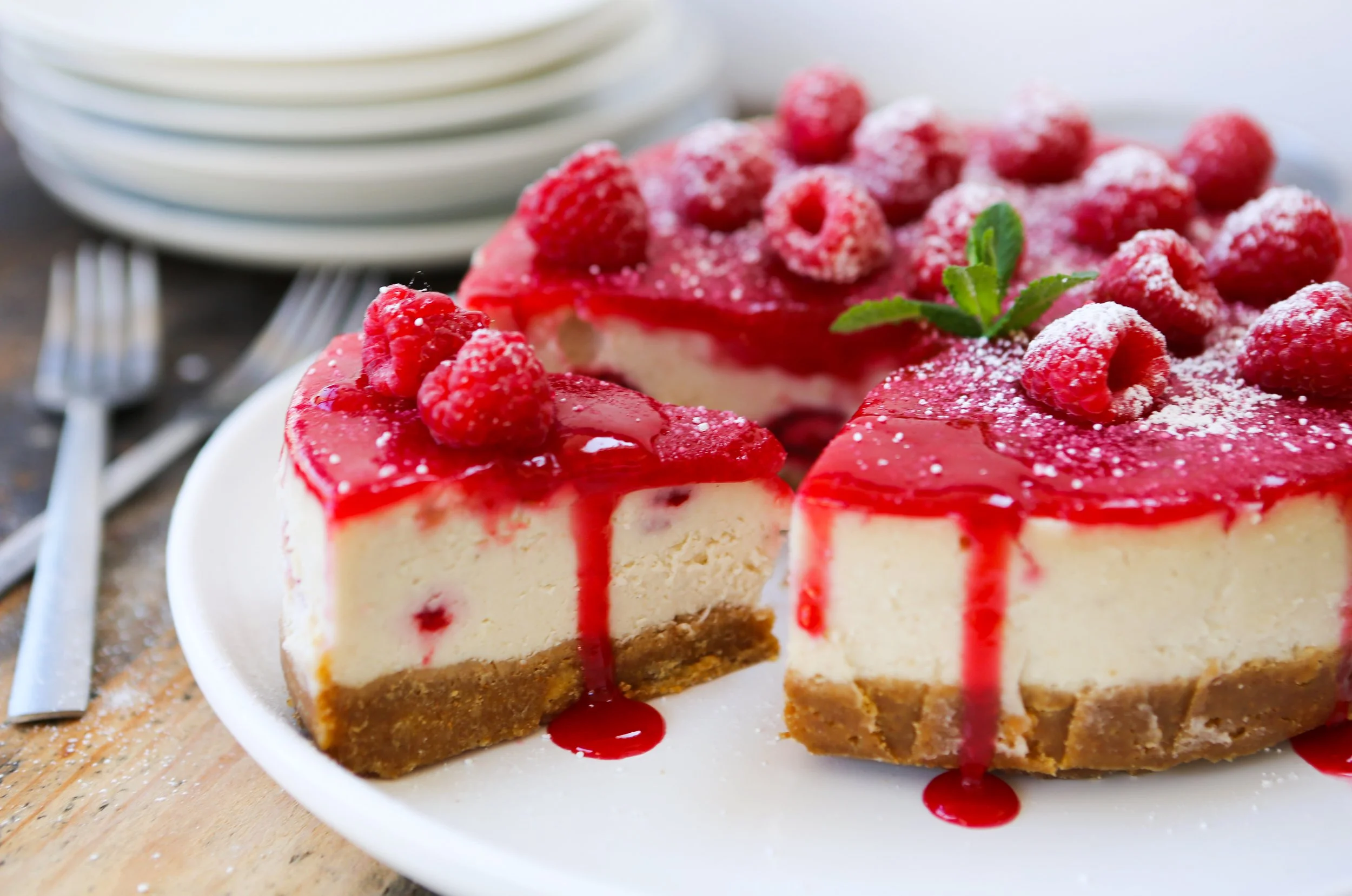 Vegan White Chocolate &amp; Raspberry Baked Cheesecake