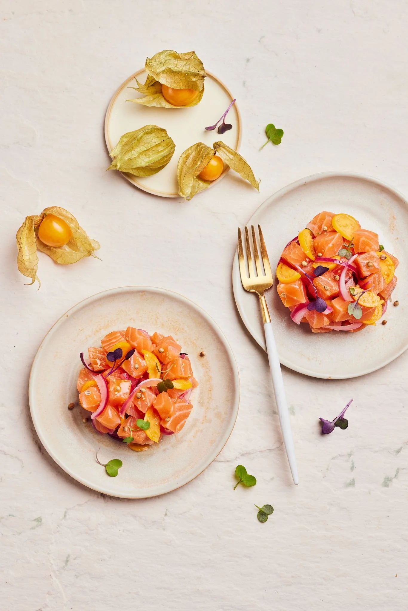 Salmon tartare with physalis and red onion pickles