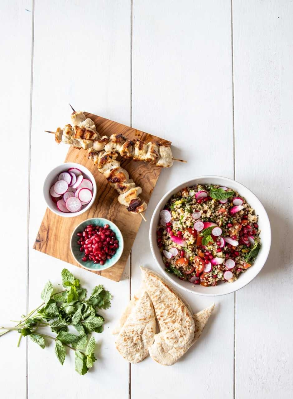 Radish and quinoa tabbouleh with pistachios and grilled herbed chicken