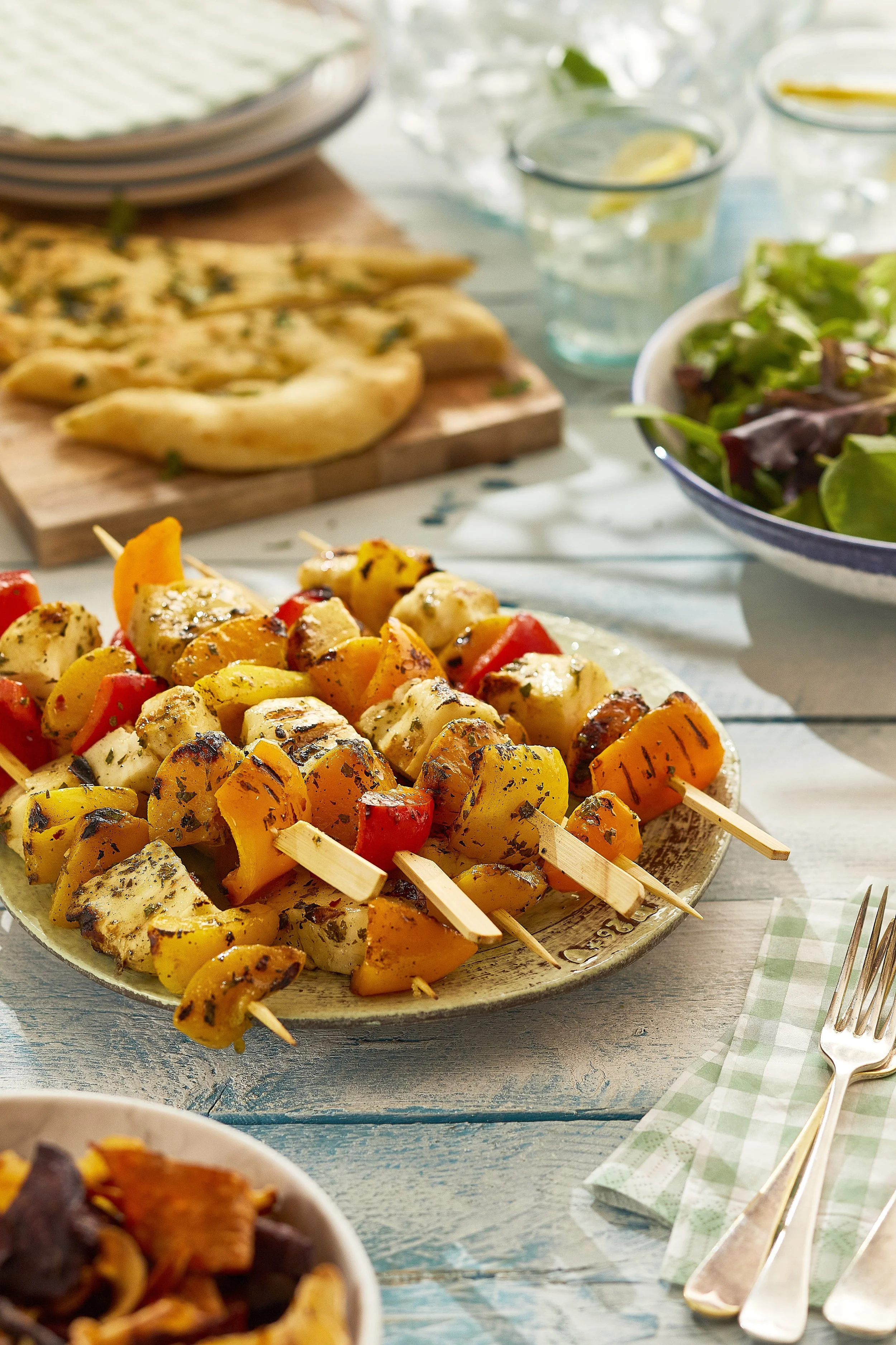 Halloumi, Peach and Pepper Skewers with Mint Dressing
