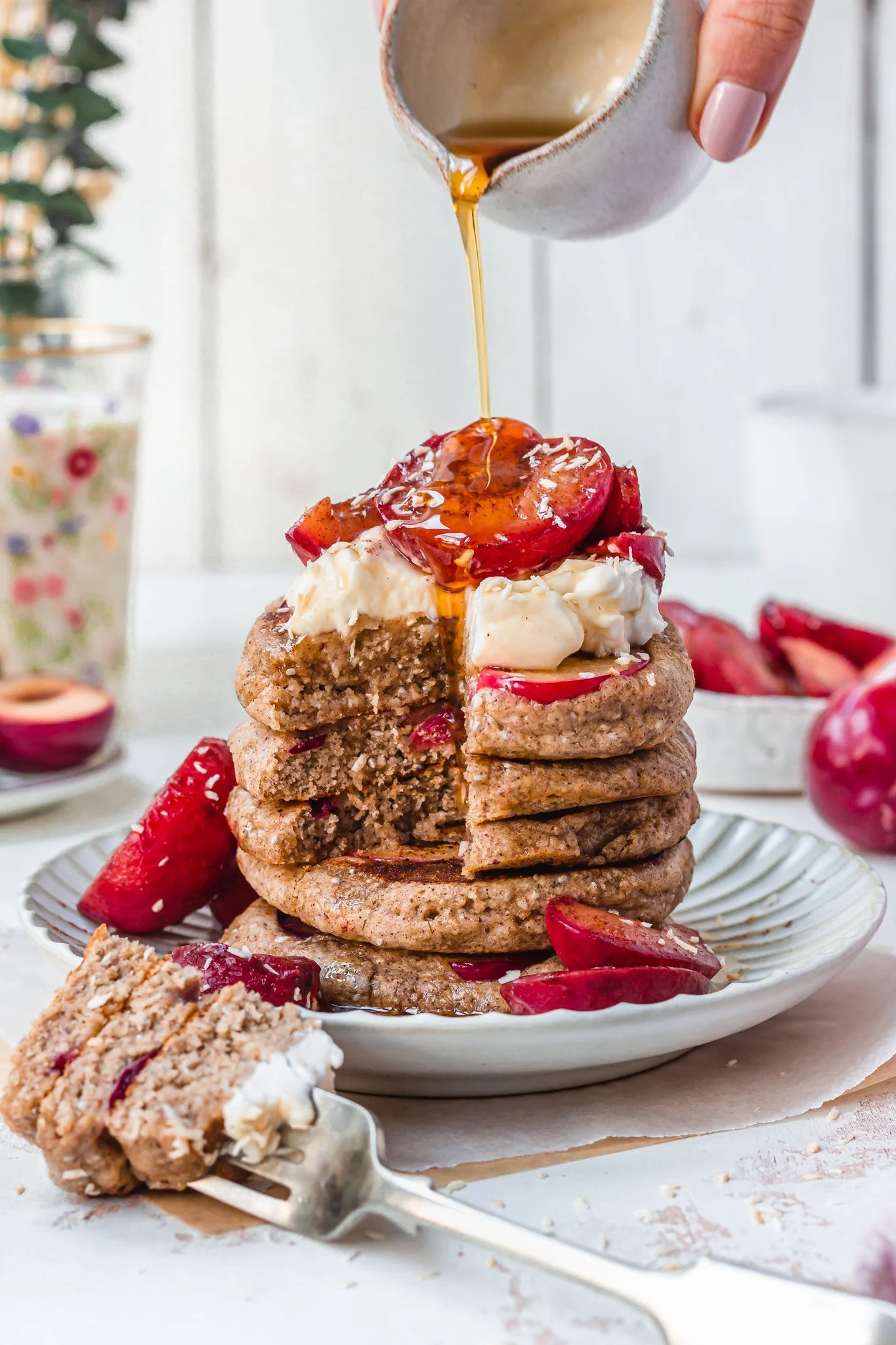 STICKY MAPLE PLUM PANCAKES