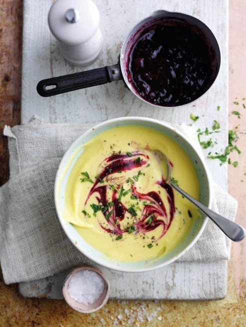 SWEET POTATO SOUP WITH BLACKBERRY AND BASIL SAUCE