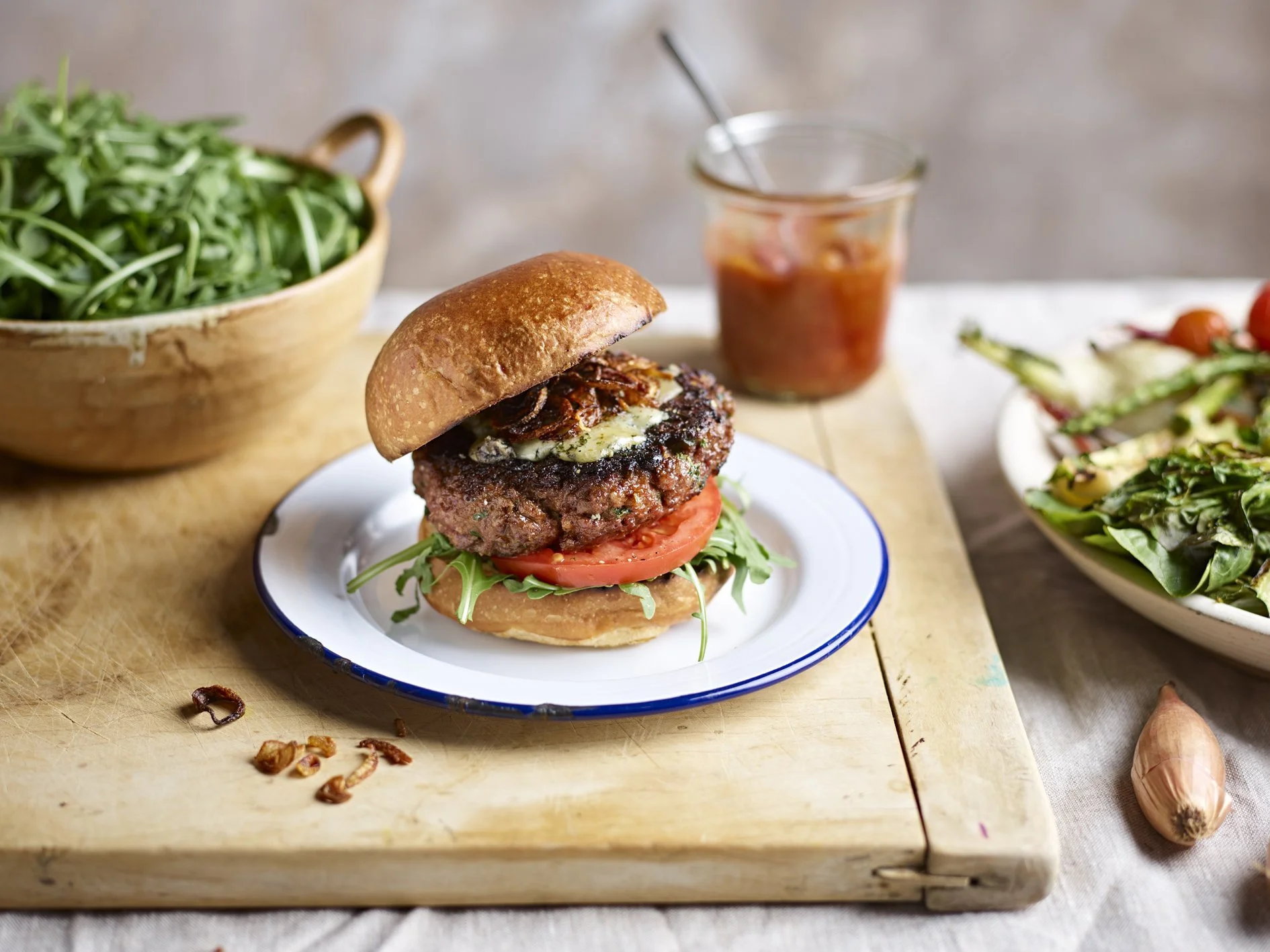 Beef Burger with Blue Cheese and Crispy Shallots