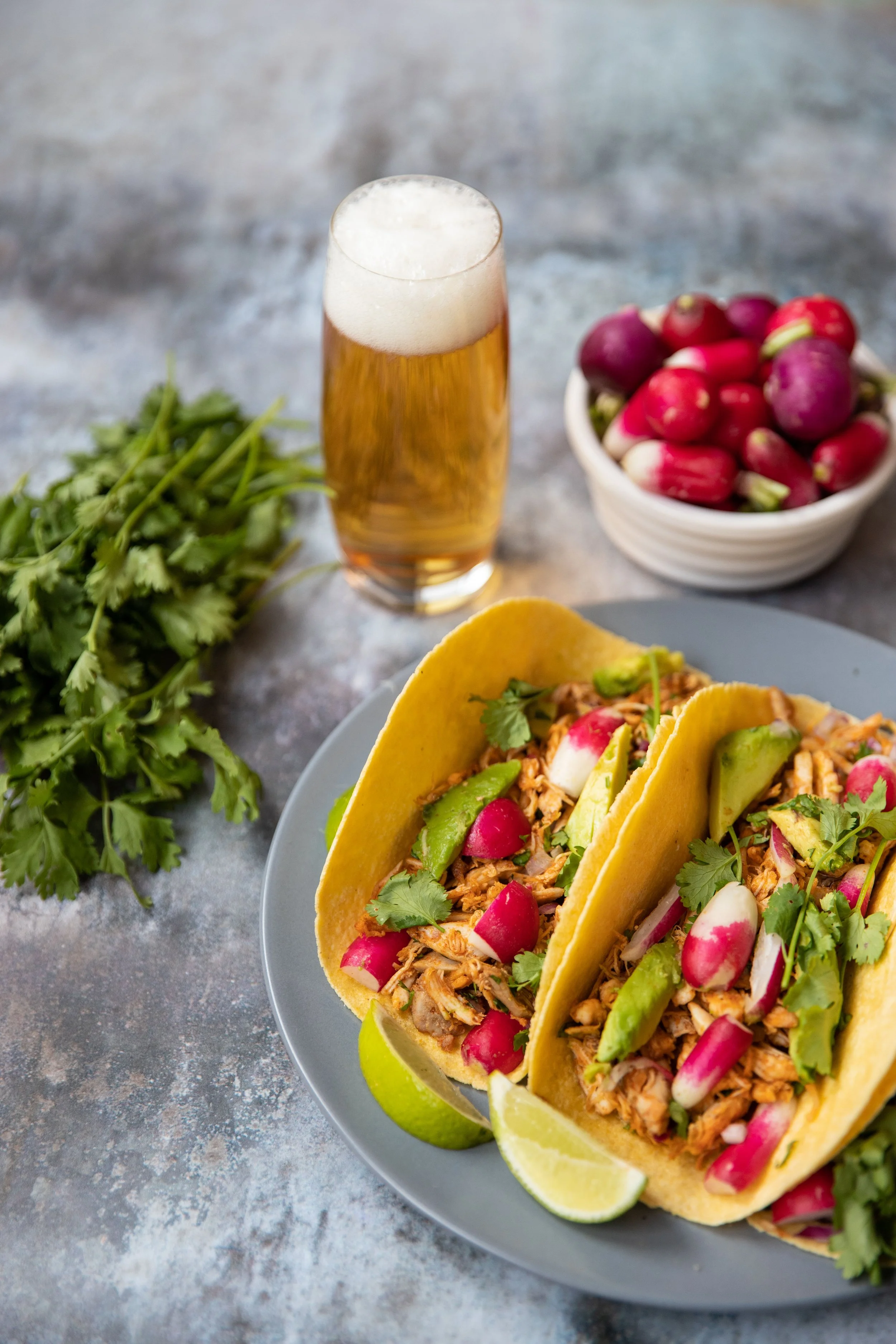 Mexican pulled chicken wraps with Radish and Avocado Salsa 