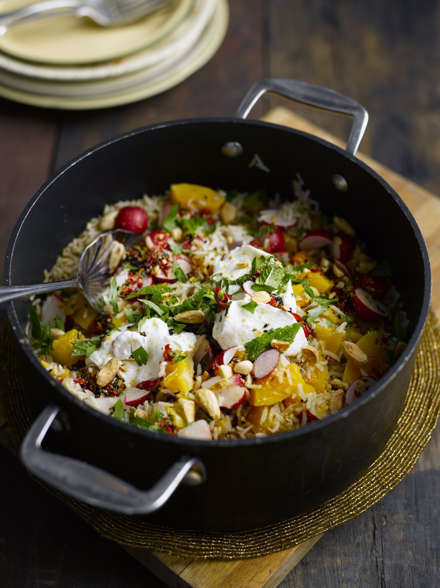 Butternut pilaf with almonds and Greek yogurt