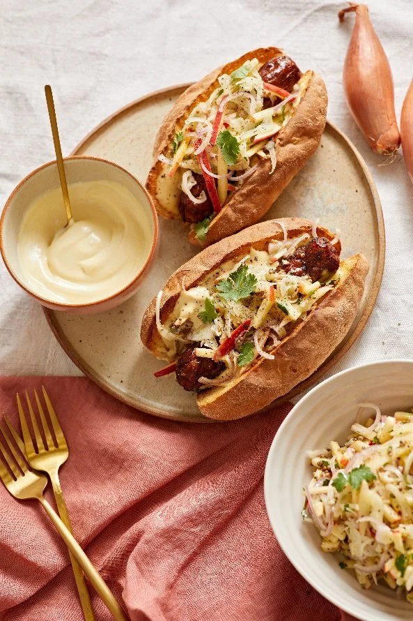 Sausage Sandwiches with Shallot, Fennel and Apple Slaw