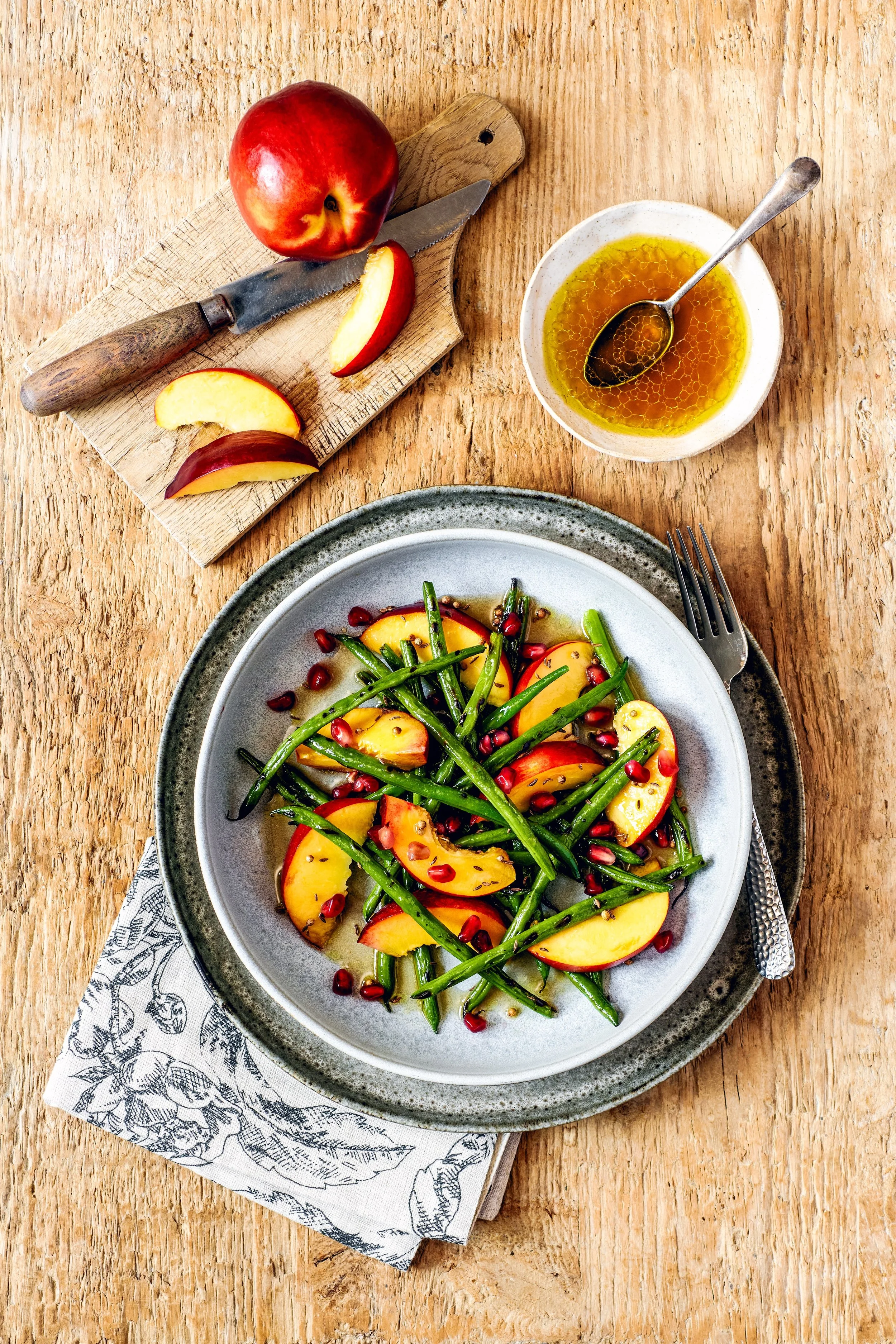 South African Nectarine, Griddled Bean and Crunchy Seed Salad