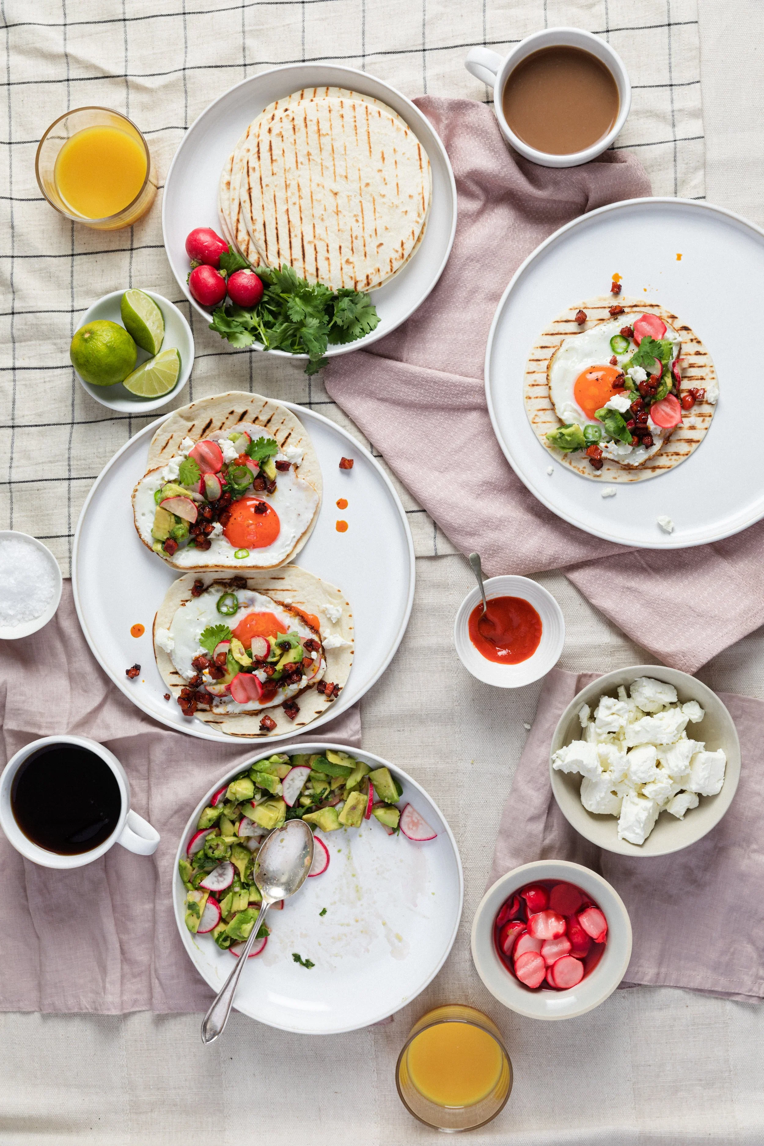 Breakfast Tacos with Radish and Avocado Salsa, Chorizo, Pickled Radishes and Fried Eggs