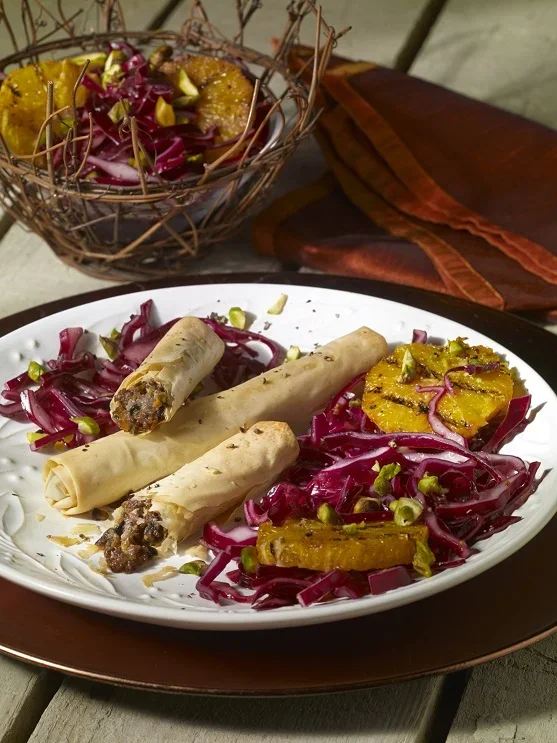 Red Cabbage and Orange Salad with Date and Olive Cigars