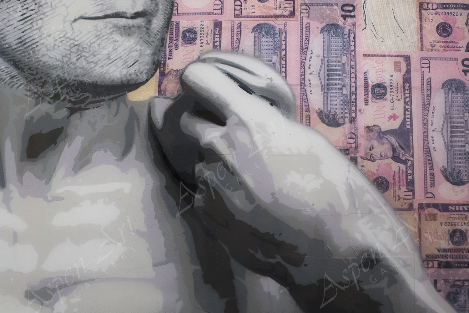 Tyler's technique, hours of stencil work...similar to the feel of US Currency