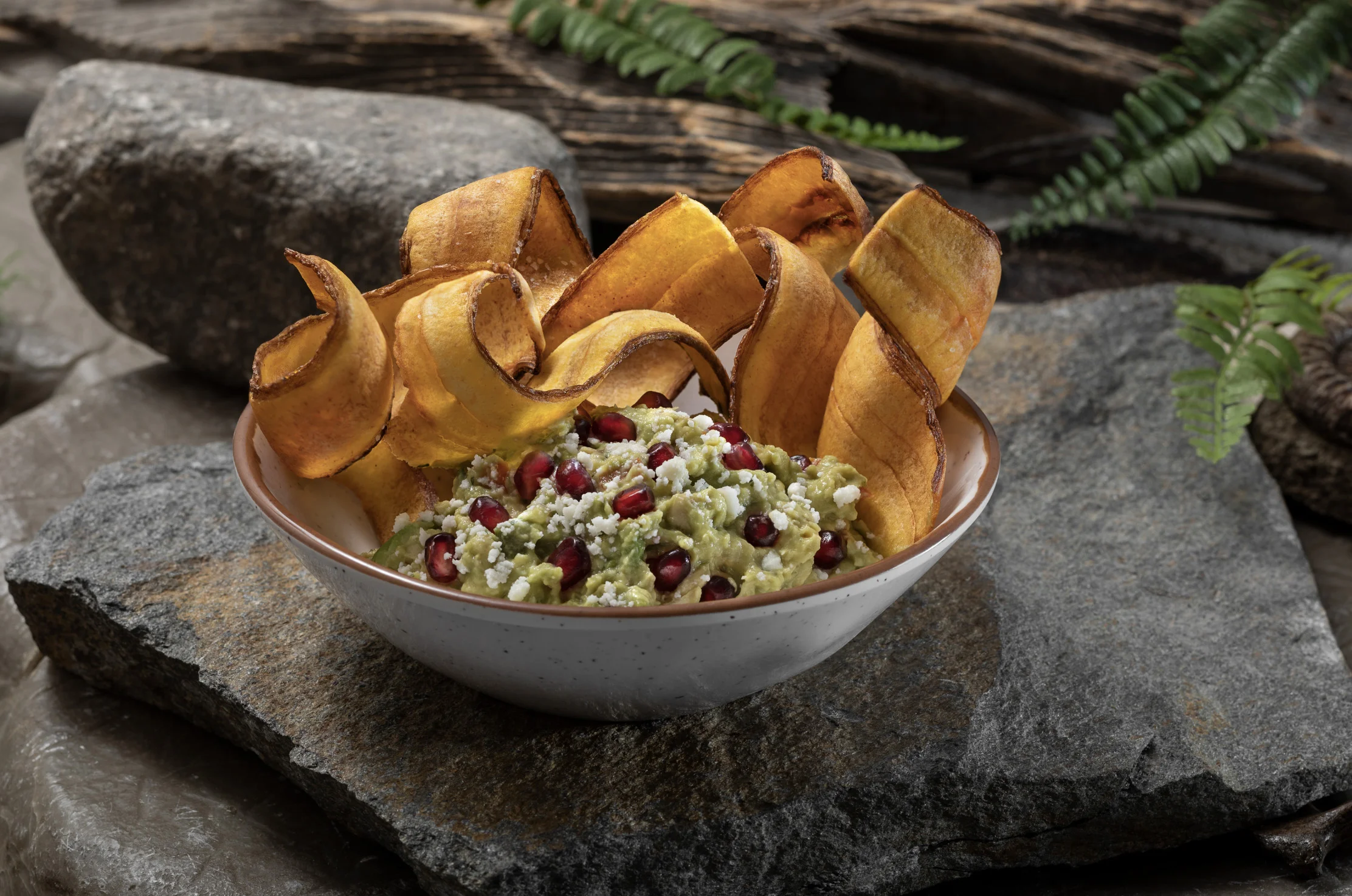 Pomegranate Guacamole with Plantain Chips