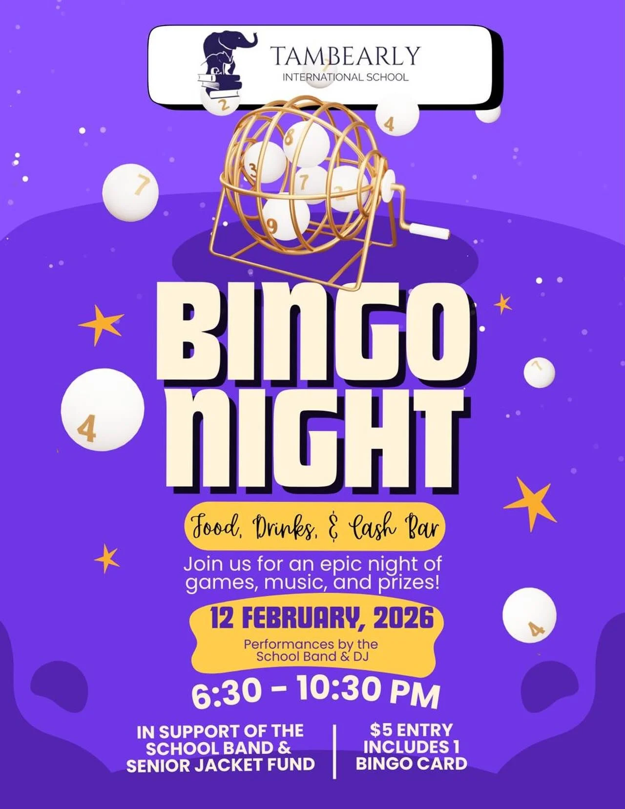 🎉 IT&rsquo;S TONIGHT! 🎉

Tambearly&rsquo;s Bingo Night is happening this evening!

🗓 February 12
🕡 6:30&ndash;10:30 PM
🎟 $5 Entry (includes 1 Bingo card!)
🍔 Food, drinks &amp; cash bar
🎶 Live performances by our School Band &amp; DJ

Come out 