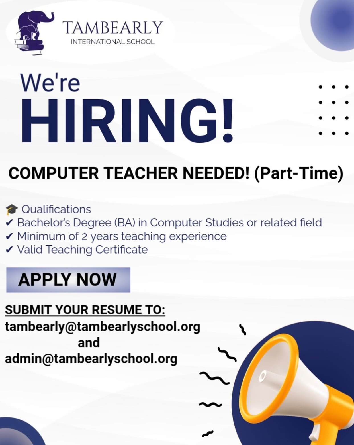 🍎 Join Our Team!
Tambearly International School is looking for a part-time Computer Teacher ready to inspire young minds and bring technology to life in the classroom.
Make a difference&mdash;apply today!