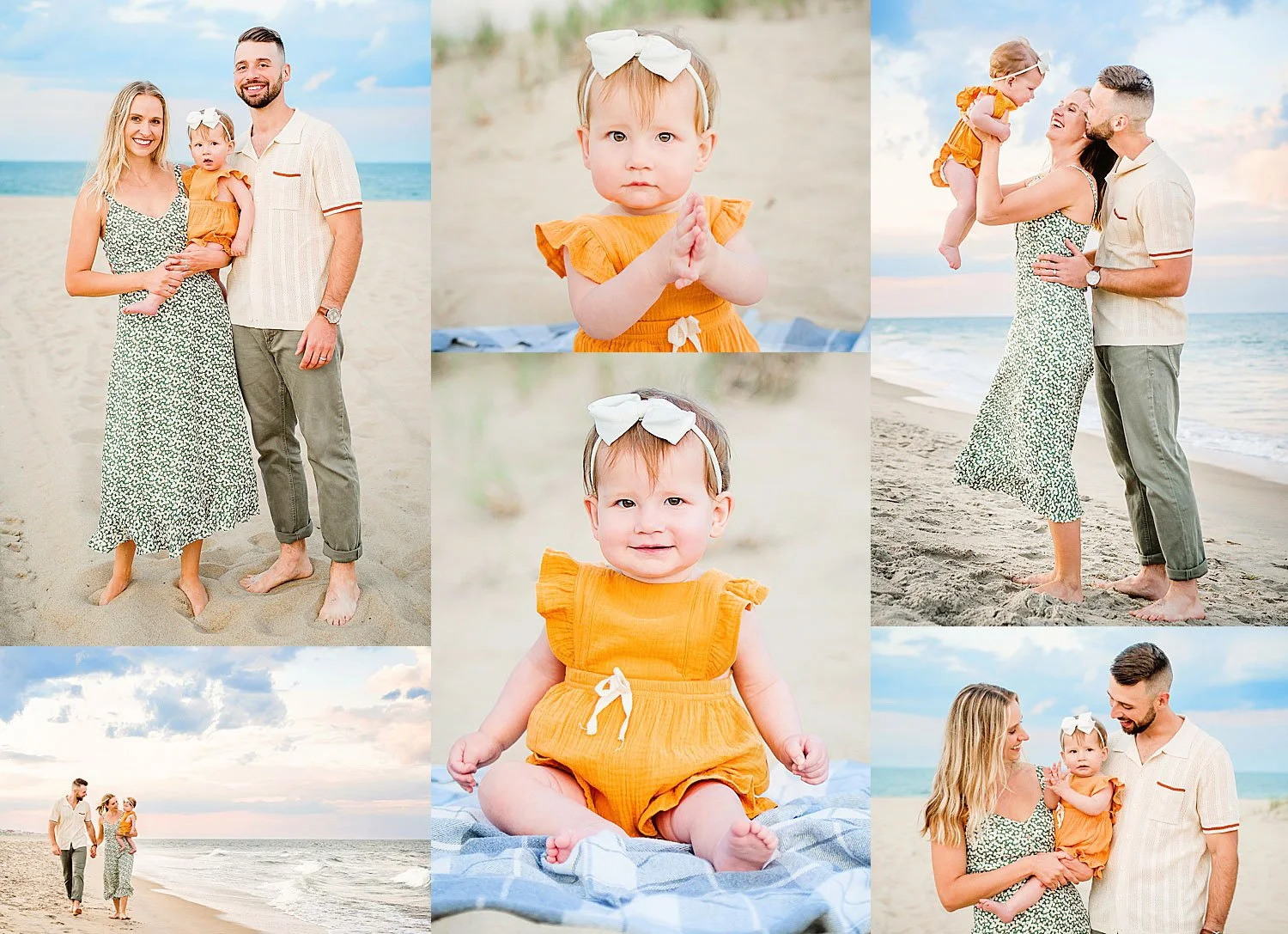 Young couple in green and beige with toddler in orange play by the dunes and water on Sandbridge beach under blue and pink sunset clouds