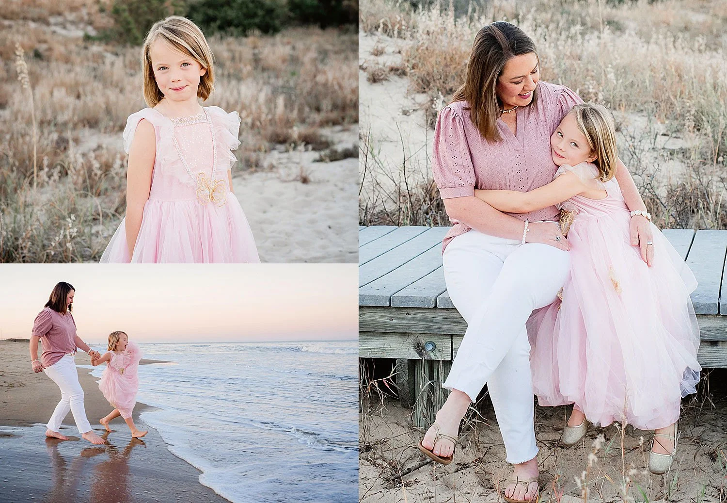 Mother and young daughter in pink and white play by the shore in Virginia Beach photo session under a peach sunset sky