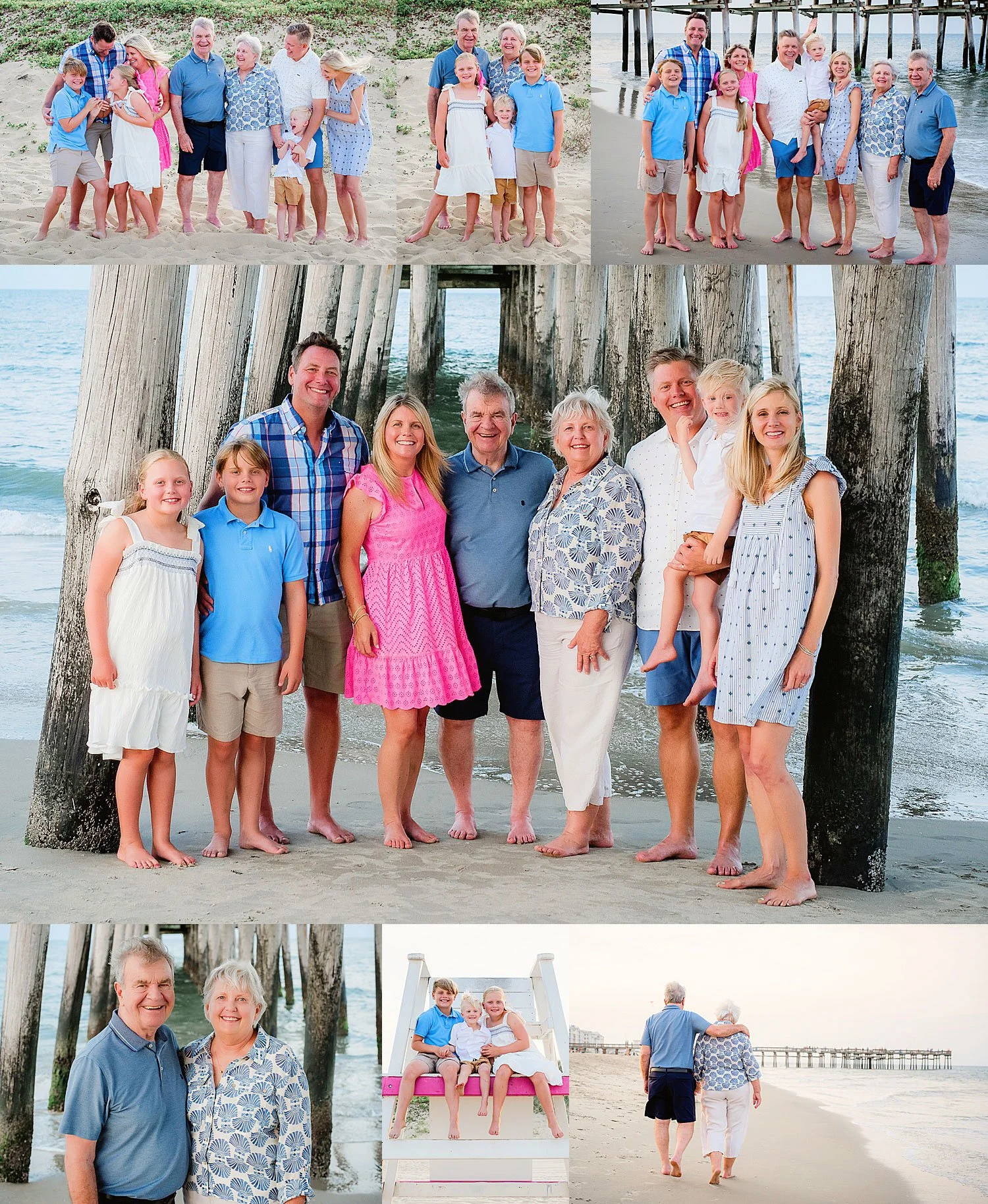 Multi-generational family photos of family dressed in blue white and pink at Sandbridge beach by the pier at sunset.