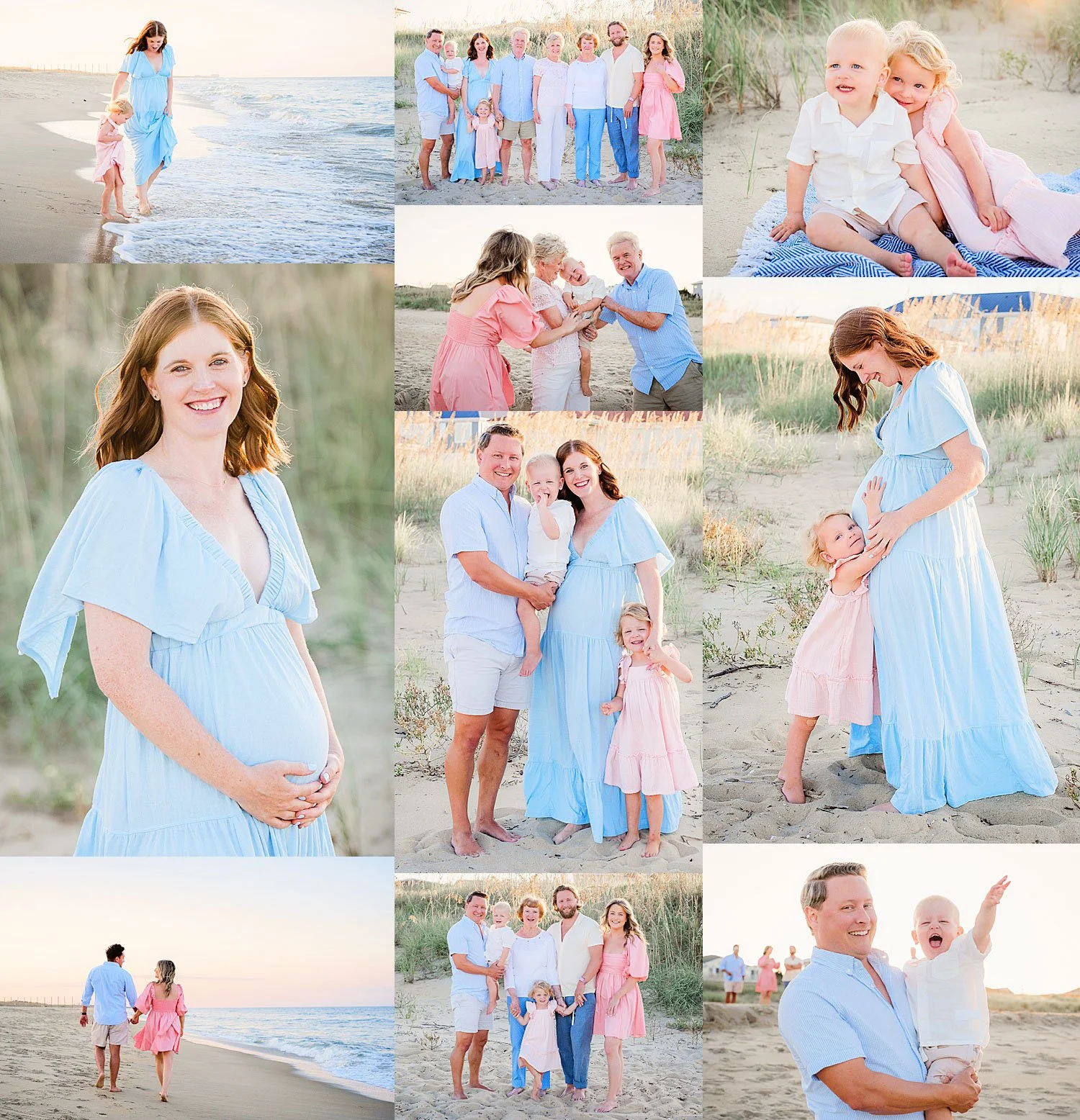 Sunset photos of large family group with young kids on the beach in Sandbridge, Virginia Beach playing by waves