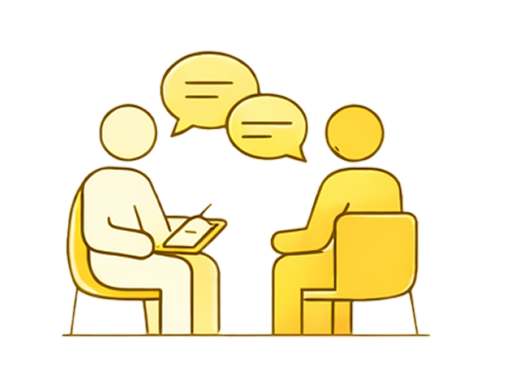 Illustration of two people having a conversation in a therapy or counseling session, with speech bubbles above them.