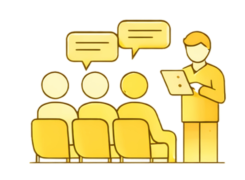 A person stands in front of three seated individuals, holding a tablet, with speech bubbles indicating conversation or instruction, set against a dark background and colorful elements.