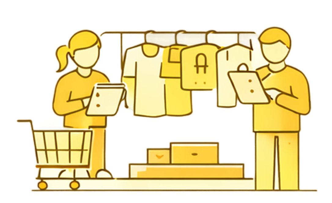 Illustration of a woman and a man shopping for clothes, holding tablets, with a shopping cart and boxes in a retail store.