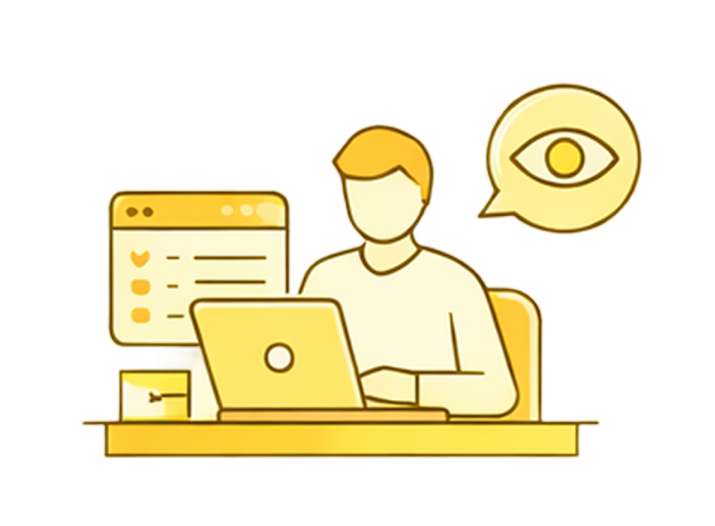 Illustration of a person working on a laptop at a desk, with a speech bubble containing an eye symbol and a window displaying a list or social media interface.