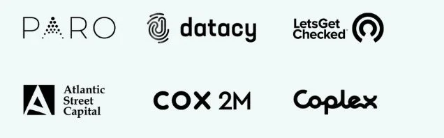 Six black and white logos of different companies arranged in two rows. The top row features logos for PARO, Datacy, Let's Get Checked, and an icon with a circular target-like design. The bottom row features logos for Atlantic Street Capital, COX 2M, and Coplex.