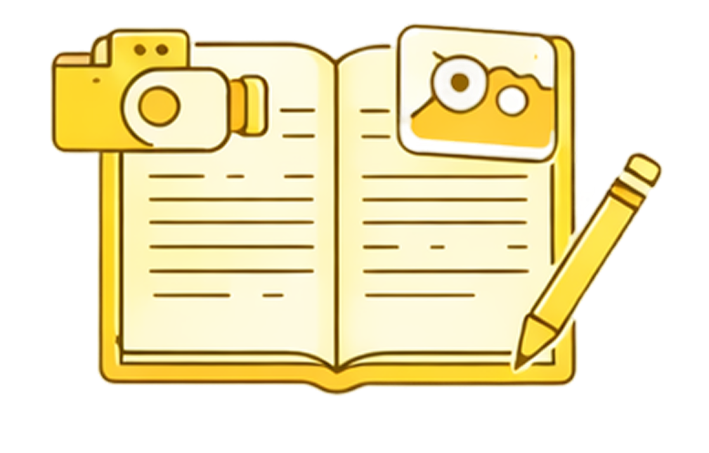 Illustration of a yellow notebook with a camera, a photo, and a pen on top of it.