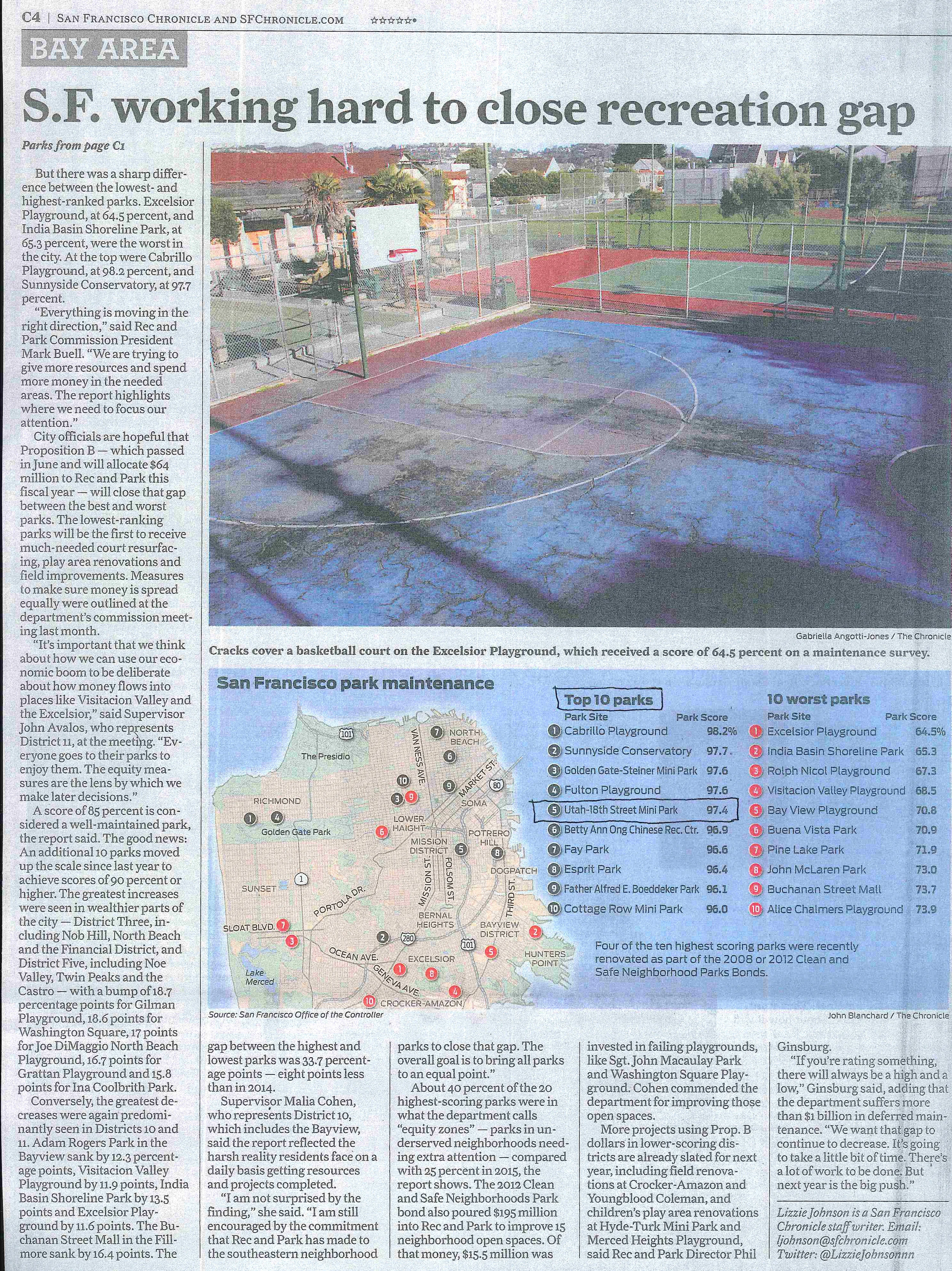 FALLEN BRIDGE INCLUDED IN TOP 10 PARKS IN SF November 5, 2016 – Fallen Bridge , also known as Utah-18th Street Mini Park, was recently rated #5 in the Top 10 Parks in San Francisco. With over 200 parks considered in the city, The Chronicle wrote an article about the best and the worst...and shed some light on the continual commitment to renovate aging, established parks. We are honored to be included on this list with a percentage rating of 97.4%!