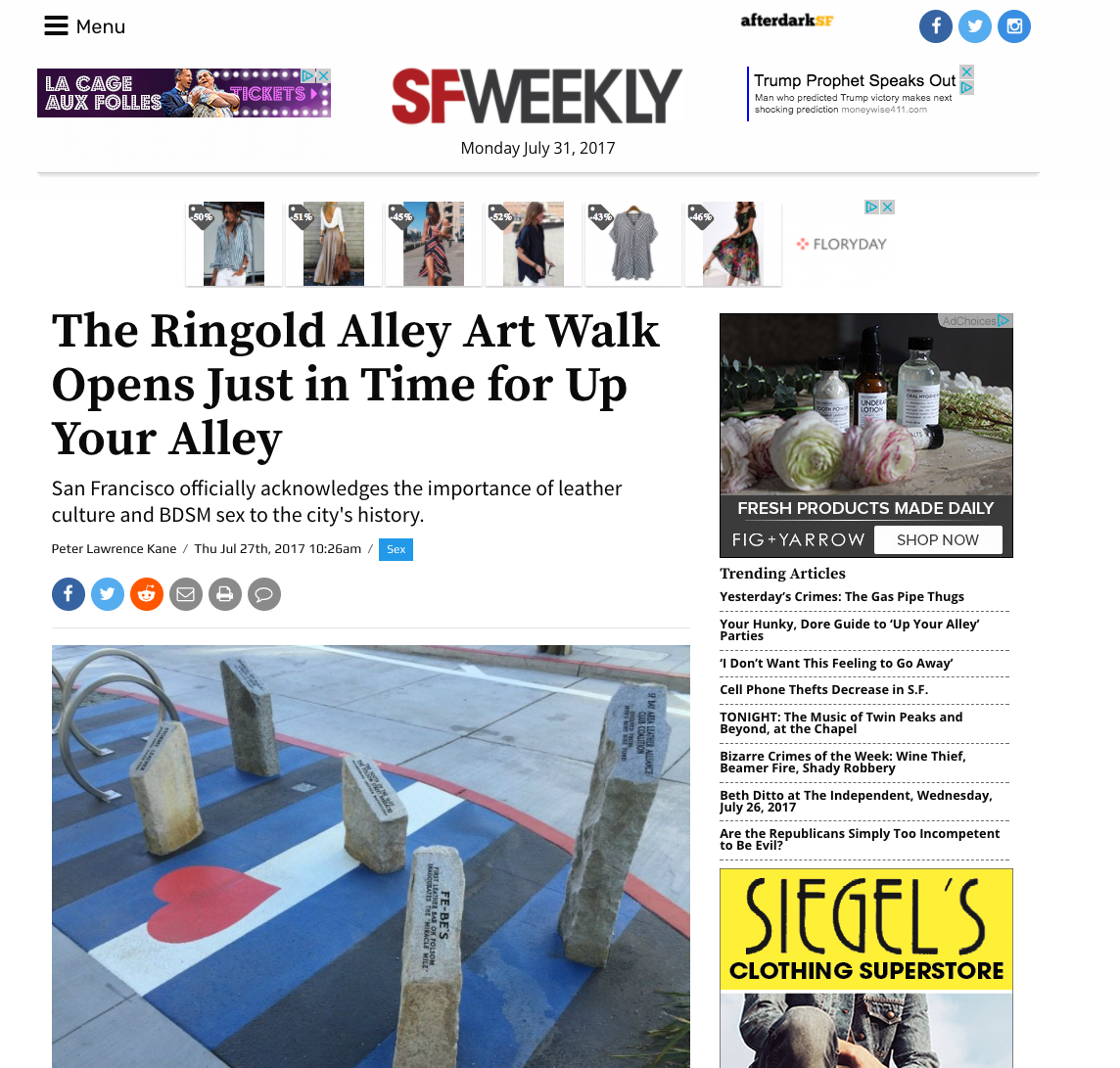 SF WEEKLY WRITE UP ABOUT RINGOLD ALLEY July 31, 2017 - The Up Your Alley fair on Folsom Street was held this past weekend. Check out the wonderful article SF Weekly wrote about the new art installation we designed at Ringold Alley in SoMa.