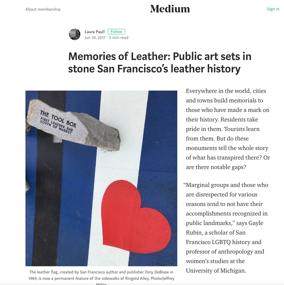 LEATHER MEMOIR ARTICLE IN MEDIUM.COM August 1, 2017 – Laura Paull recently wrote an article discussing the rich history in SoMa’s leather district here in SF.