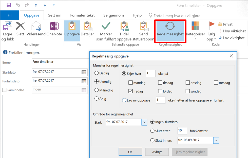 Hvordan lage en periodisk oppgave i Outlook