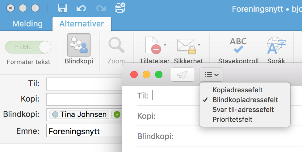 Ta frem blindkopifeltet. Her vist på Outlook for Mac og Mail-appen på Mac