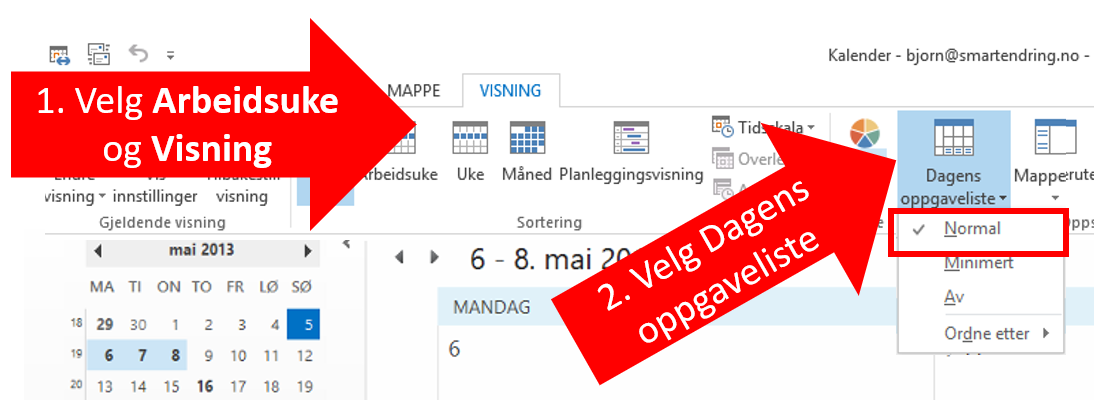 Bilde viser valg av arbeidsukevisning, velg dagens oppgaveliste, og normal