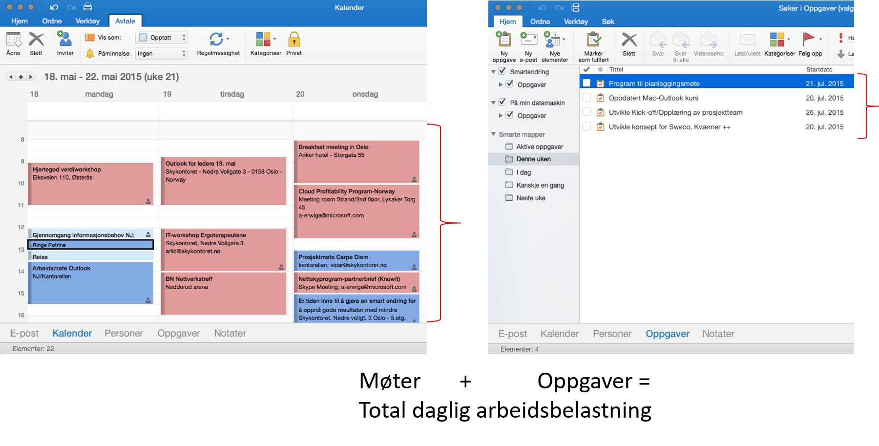 Skjermbilde av Outlook kalender og oppgave i to vinduer på Mac