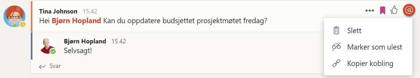 Bilde viser hvordan man kan kan kopiere en kobling til et innlegg i Teams