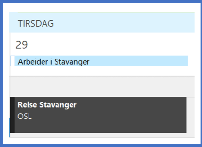 Bildet viser kalenderavtale i Outlook med reisetid