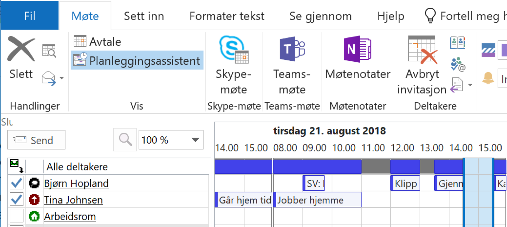 Skjermbilde av planleggingsassistenten i Outlook
