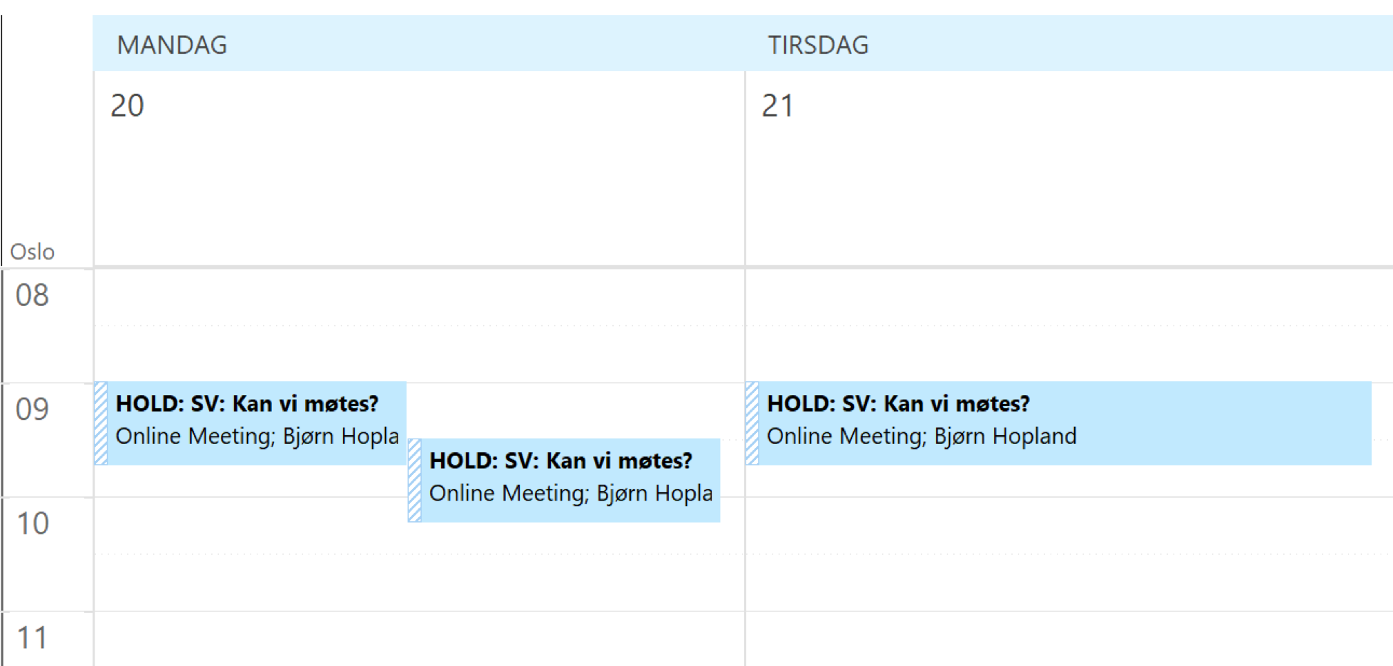 Skjermbilde av kalender som viser tre foreløpige tider for møtet