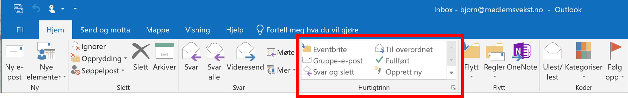 Bildet viser båndet i Outlook med markering av Hurtigtrinn