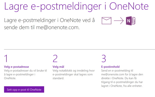 Skjermbilde av beskrivelse for å sende epost til OneNote