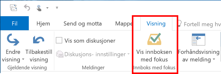 BIldet viser Outlook VISNING INNSTILLING FOR Å AKTIVERE FOKUS INNBOKS